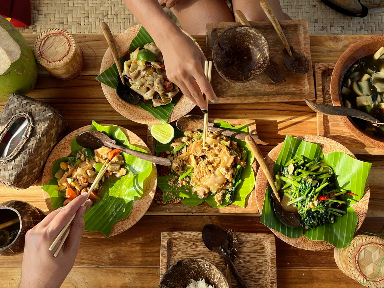A wholesome Lao feast in a traditional setting — featuring Larb