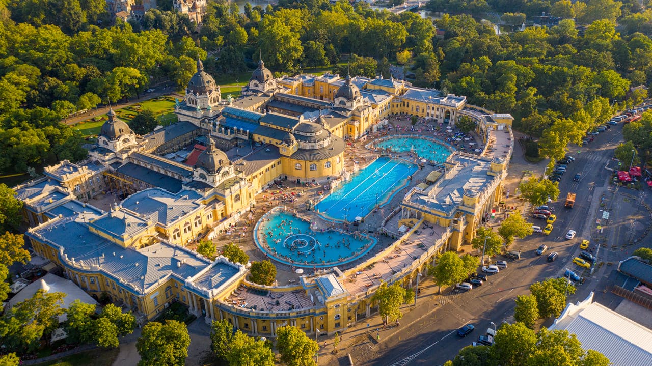 Széchenyi Thermal Bath — Budapest’s majestic spa haven seen from above.