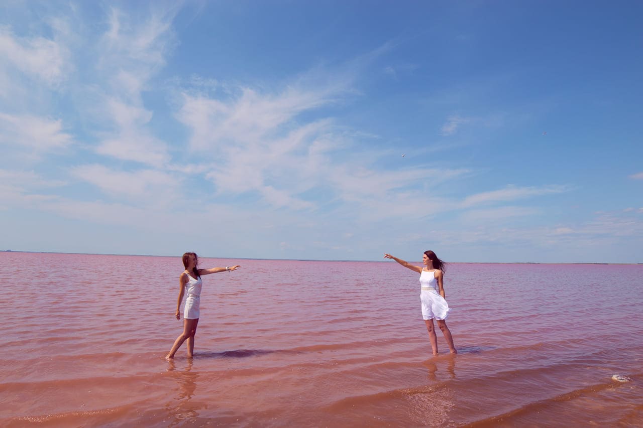 Wading through the dreamy pink waters under endless skies.