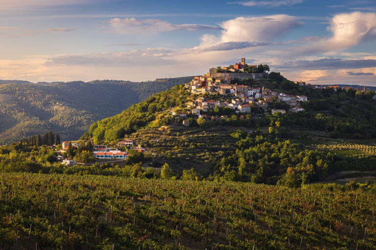 Perched on a hill in Kaštelir-Labinci, Croatia, the stone houses and rolling landscapes create a serene, storybook escape.